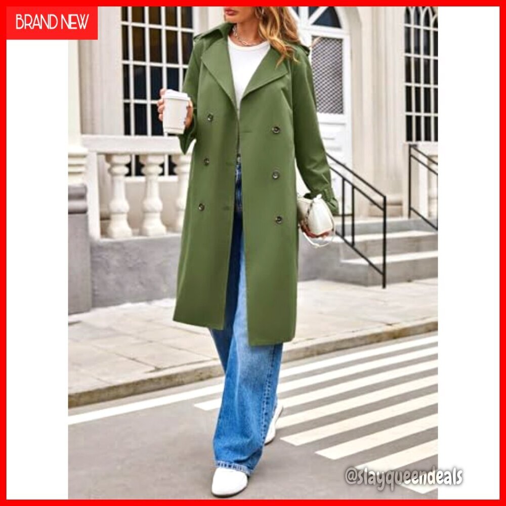 Long Trench Coat Double Breasted Notch Lapel Lightweight Oversized Windproof - Picture 5 of 6
